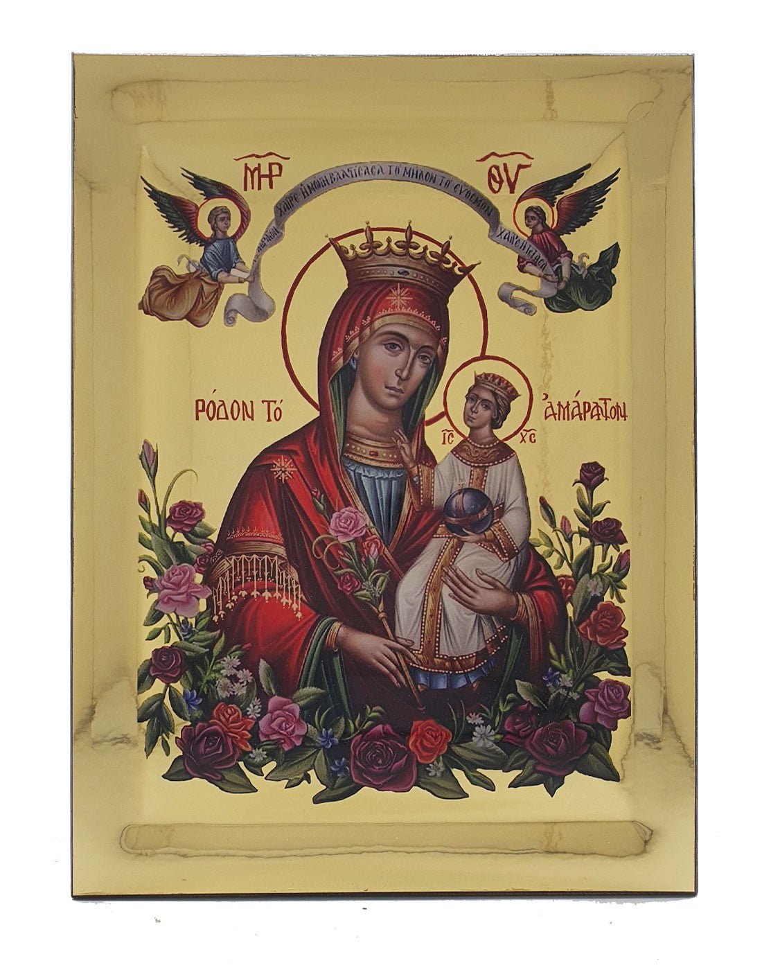 Handmade Orthodox Icon Virgin Mary Unfading Rose - Rodo Amarado Gold mirror effect