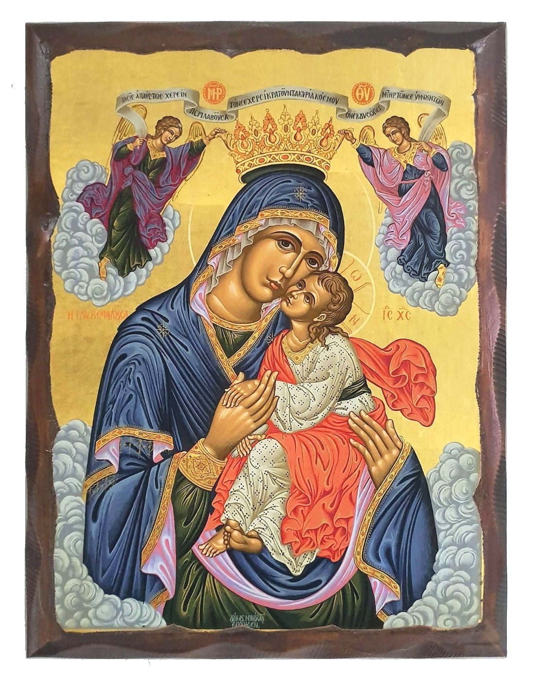 Handmade Orthodox Icon Virgin Mary Glykophilousa lady of Angels carved frame