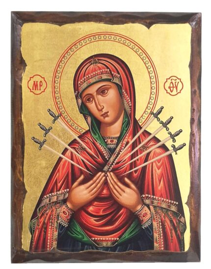 Handmade Orthodox Icon Virgin Mary of 7 swords carved frame