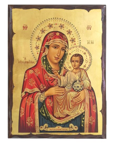 Handmade Orthodox Icon Virgin Mary of JERUSALEM carved frame