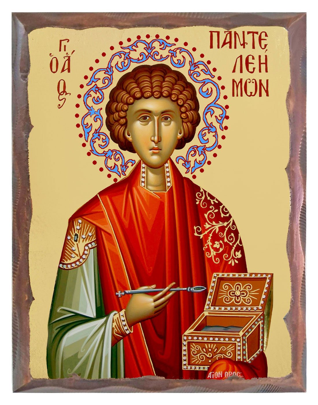 Handmade Orthodox Icon Saint Panteleimon carved frame