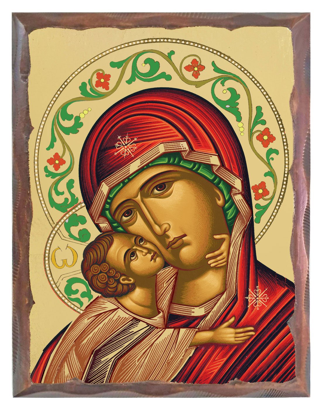 Handmade Orthodox Icon Virgin Mary Glykophilousa of Patmos carved frame