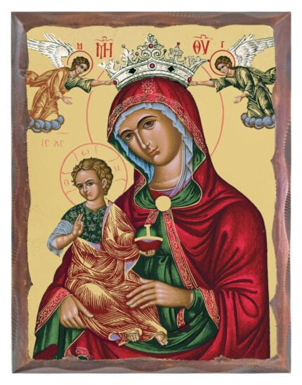 Handmade Orthodox Icon Crowned Virgin Mary carved frame