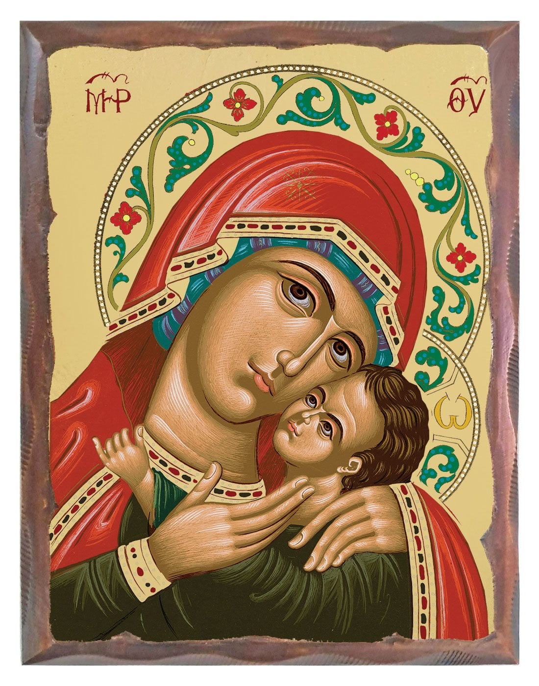 Handmade Orthodox Icon Virgin Mary Koursoun carved frame