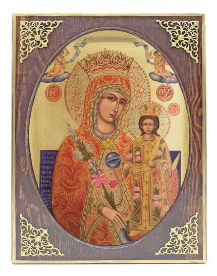 Handmade Orthodox Icon Virgin Mary Unfading Rose - Rodo Amarado mirror effect