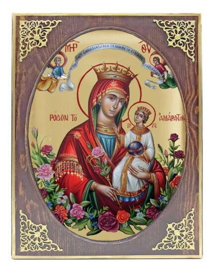 Handmade Orthodox Icon Virgin Mary Unfading Rose - Rodo Amarado mirror effect