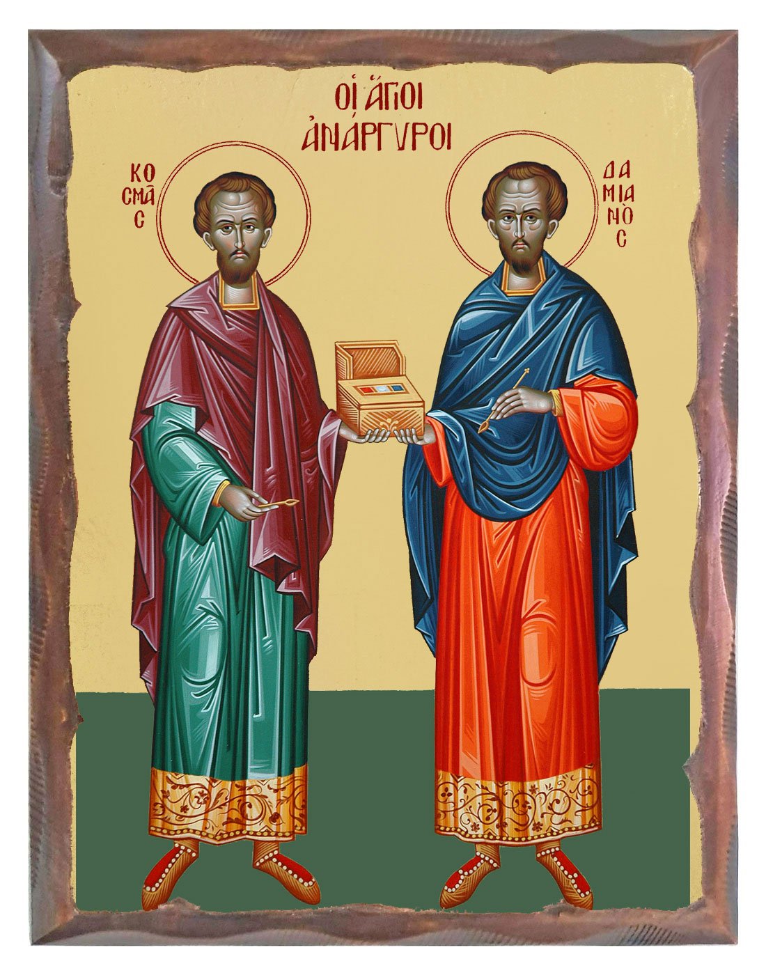Handmade Orthodox Icon Holy Unmercenaries carved frame