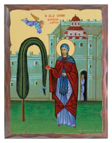 Handmade Orthodox Icon Saint Irene Chrysovalantou carved frame