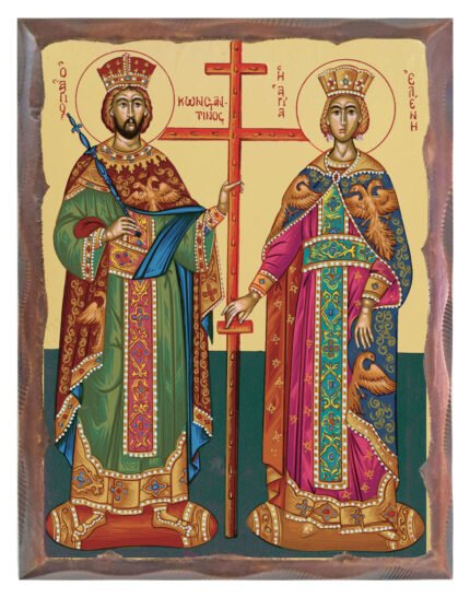 Χειροποίητη Εικόνα Άγιος Κωνσταντίνος και Αγία Ελένη με πελεκητή κορνίζα