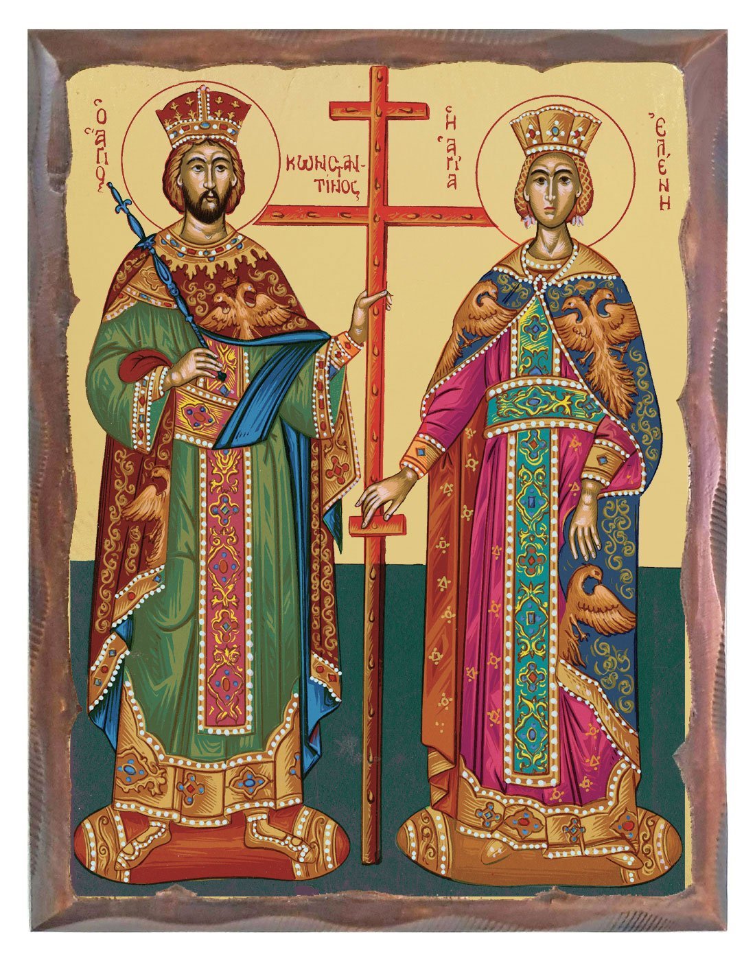 Handmade Orthodox Icon Saints Constantine and Helen carved frame