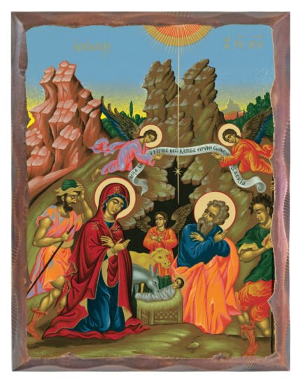 Handmade Orthodox Icon Nativity of Christ carved frame
