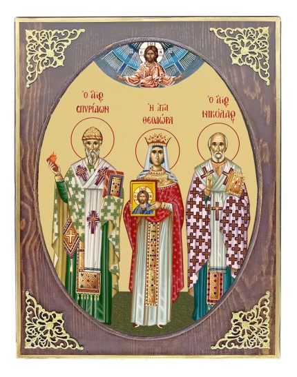 Handmade Orthodox Icon Saint Spyrus-Saint Theodora-Saint Nicolas mirror effect