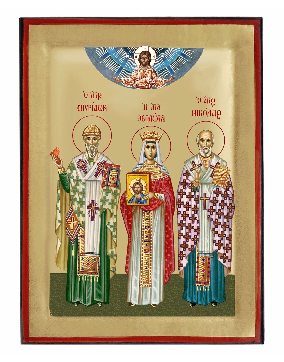 Handmade Orthodox Icon Saint Spyrus-Saint Theodora-Saint Nicolas
