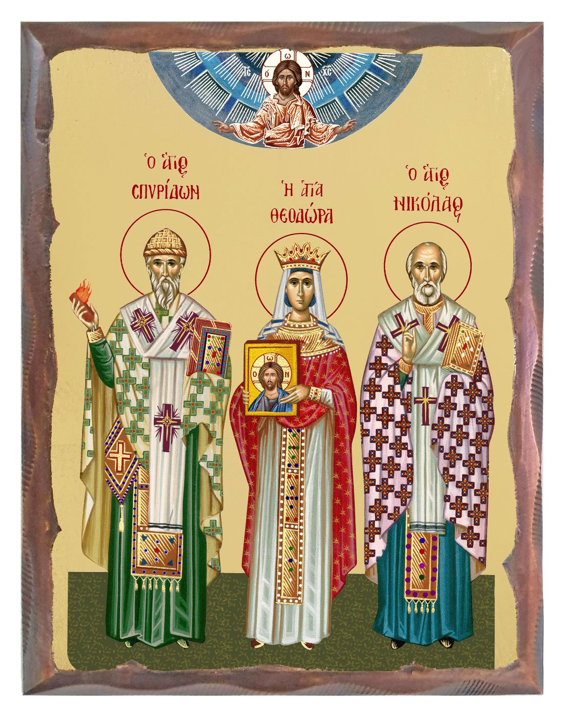 Handmade Orthodox Icon Saint Spyrus-Saint Theodora-Saint Nicolas carved frame