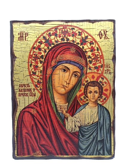 Handmade Orthodox Icon Virgin Mary of Kazan on cracked surface