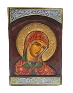 Handmade Orthodox Virgin Mary carving with metal decor