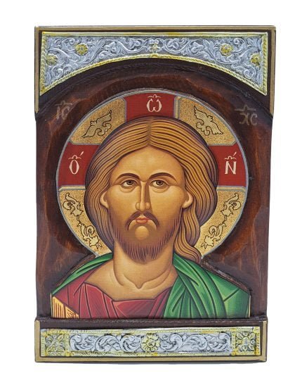 Handmade Orthodox Jesus Christ carving with metal Decor