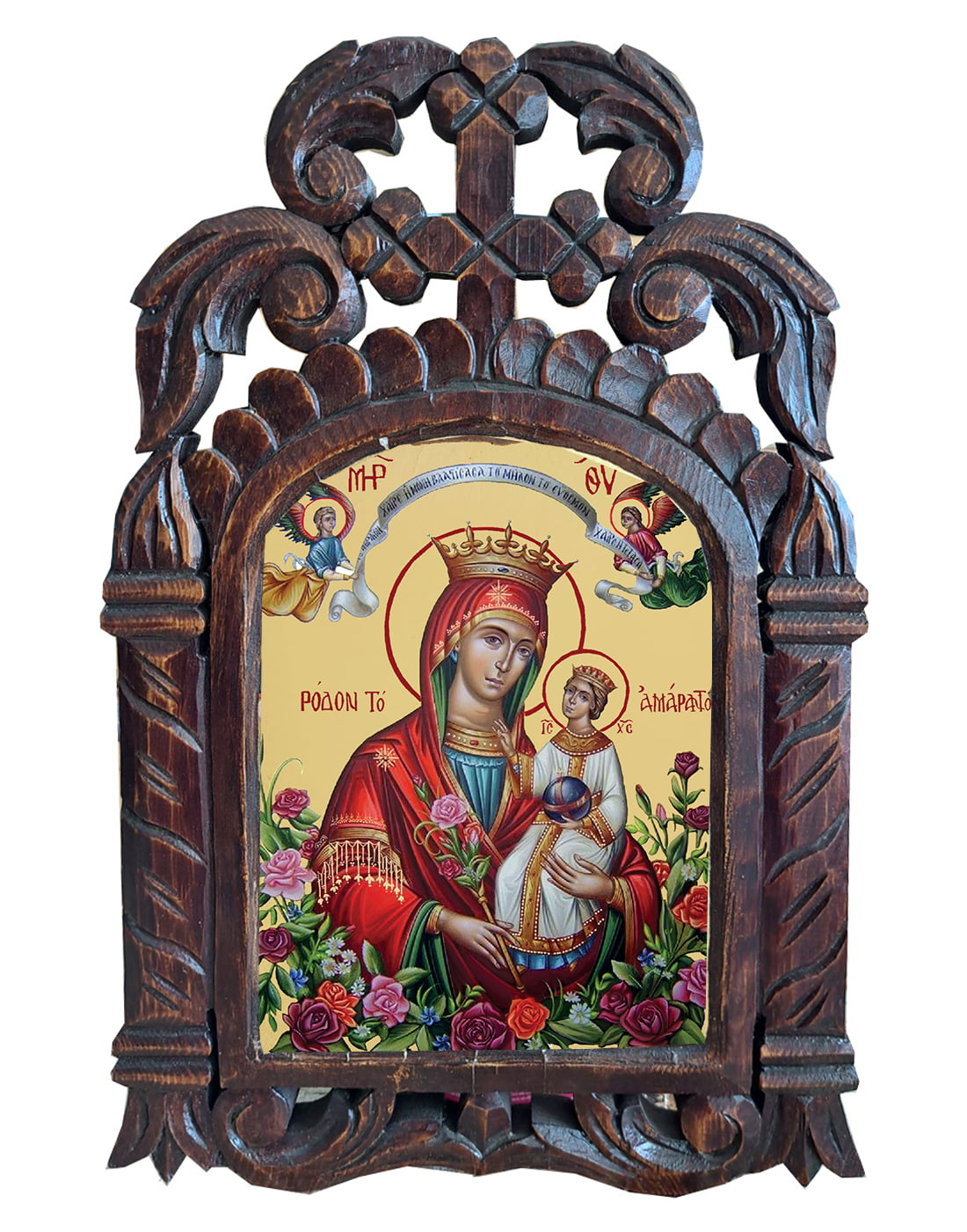 Χειροποίητο Ξυλόγλυπτο Παναγία το Ρόδον το Αμάραντον Virgin Mary Unfadind Rose Icon